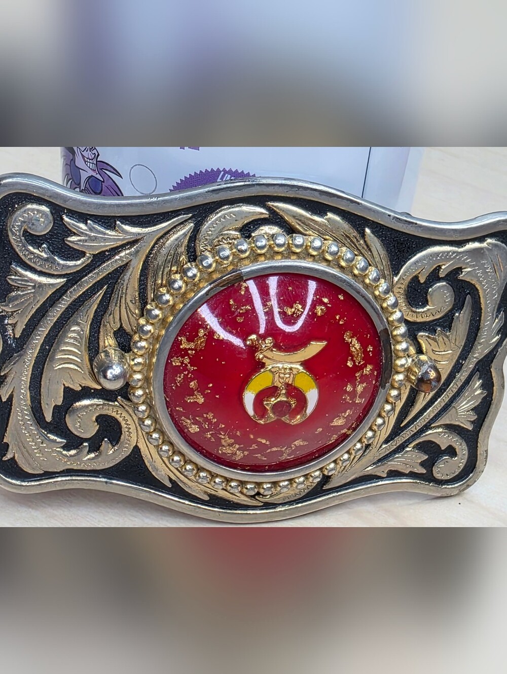 Vintage Shriners Masonic Western Belt Buckle – Red Background & Gold Flake